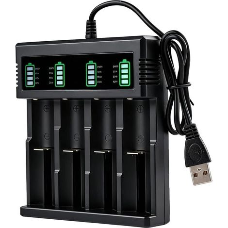 Chargeur 18650 avec écran LCD, chargeur de batterie Li-ion, chargeur rapide 4 compartiments pour batteries 3,7 V, universellement compatible avec 18650, 26650, 18500, 14500, 21700, 26700, USB-A (1/5)