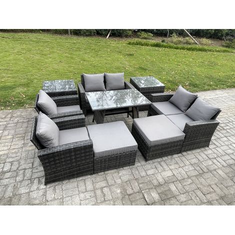Fimous Garden Furniture Sets 9 Pieces Wicker Rattan Furniture Manual Wicker Patio Sofa Patio Conversation Set with 2 Big Footstool 2 Side Tables Dark Grey Mixed (1/5)