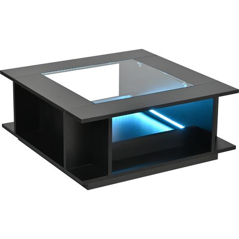 Table basse carrée 70x70x30 cm noire avec plateau en verre et éclairage LED (1/5)