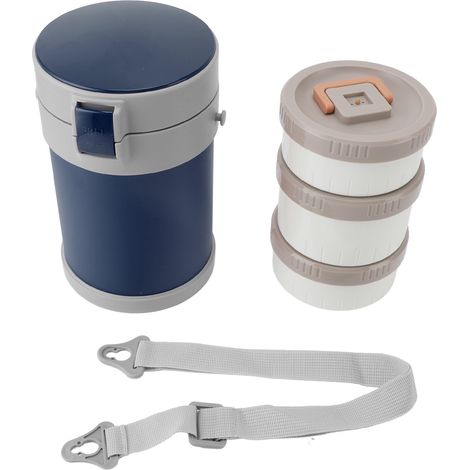 Bocal alimentaire isolé 2L, 3 niveaux, passe au micro-ondes, boîte à déjeuner sous vide en acier inoxydable 304 avec bandoulière pour l'école et le bureau, bleu (1/5)