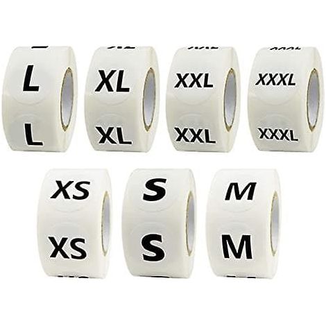 LYERCW - 3500 étiquettes autocollantes rondes pour vêtements, disponibles en 7 tailles (XS, S, M, L, XL, XXL, XXXL), avec ligne de perforation, 2,5 cm de diamètre. (1/5)
