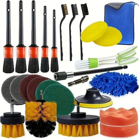 27-teiliges Auto-Detailing-Bürsten-Set, Auto-Detailing-Kit, Auto-Bohrbürste/Radbürsten/Lüftungsbürste/Polierschwamm-Pads-Kit/Waschhandschuh/Reinigungstuch (1/5)