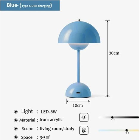 (Bleu) Lampe de bureau rechargeable USB en forme de champignon, trois niveaux de gradation, veilleuse décorative pour la maison.