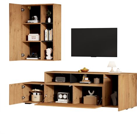 Meuble TV avec 3 Portes, 2 Niches Ouvertes et Armoire Murale, Longueur Réglable, pour Salon, en Panneaux de Particules, Chêne et Noir (1/5)
