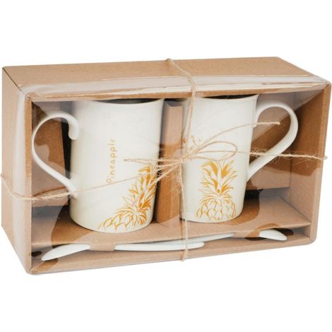 Set di 2 tazze con cucchiaini decorate con ananas giallo.