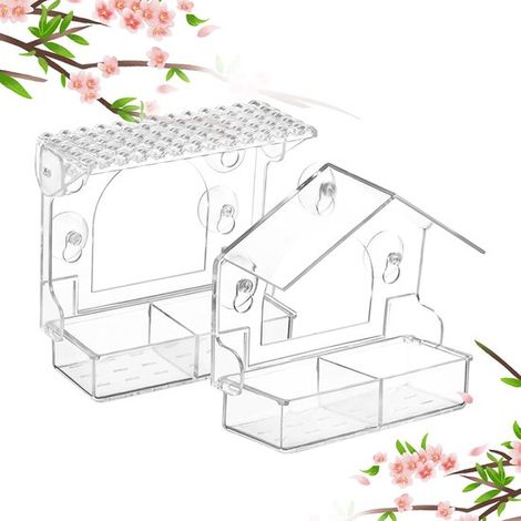 Comedero para pájaros de ventana, 2 piezas (con forma de casa + cuadrado), Casita para pájaros de ventana transparente, 14x15x6cm (1/5)