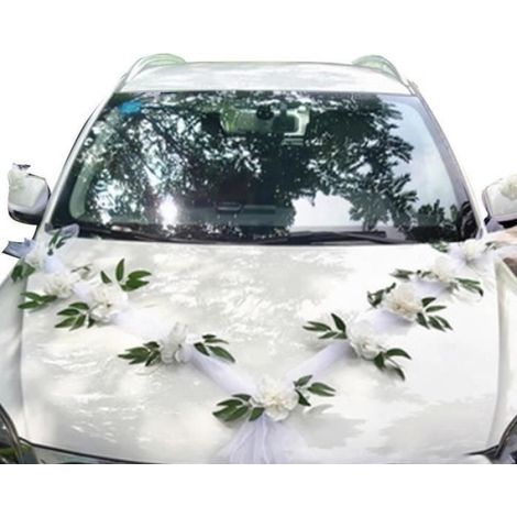 Kit Décoration Voiture - Mariage - 9 Roses Blanches Artificielles - Tulle 160 cm - Facile à Installer (1/5)