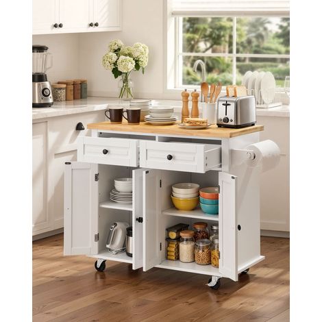 Chariot îlot cuisine bois massif, 90 cm large meuble mobile rangement casier, table roulanteépices linge tiroir, îlot sur roues blanc (1/5)
