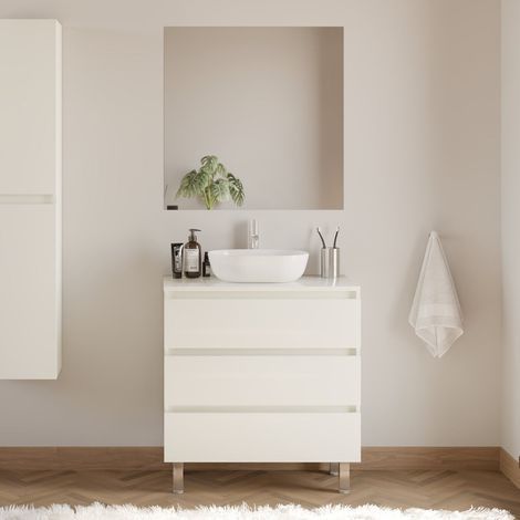 Meuble de salle de bain 80cm avec plateau et vasque à poser arrondie - 3 tiroirs - blanc brillant - MAYOR