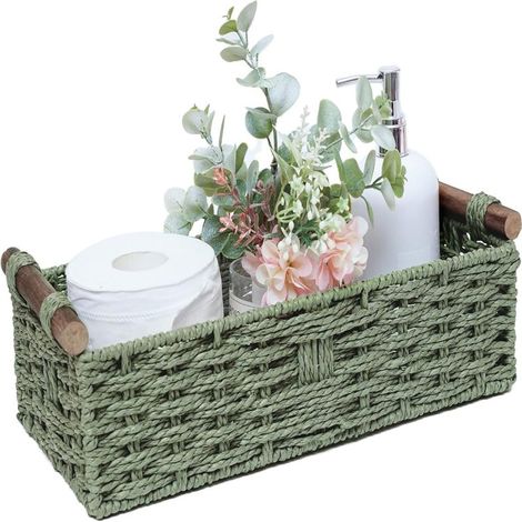 Cesta redonda de almacenamiento de cuerda de papel verde – Pequeño organizador para escritorio o compartimentos de cisternas de inodoro.