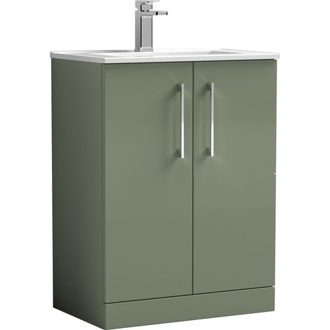 Balterley  Contemporary Bathroom 2 Soft Close Door & Minimalist Floor Standing Vanity Unit Basin, Satin Green, 600mm