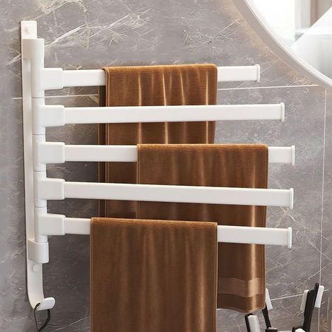 Toallero giratorio de aluminio espacial, toallero negro para baño, toallero para cocina, toallero para bañera, con múltiples barras (5 barras blancas) (1/5)