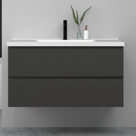 Meuble de salle de bain suspendu Strié 100cm avec simple vasque + 2 tiroirs, Anthracite