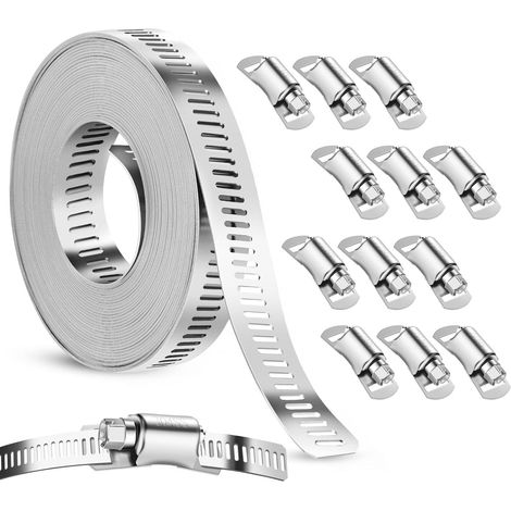 Collier de Serrage Inox 304, 5M Collier de Serrage Métallique avec 12 Pcs Fixation Réglable Colliers Serrages Inox Métallique pour Tuyaux Gaz Eau Voiture Machine à Laver Câble Robinet (5M+12) (1/5)