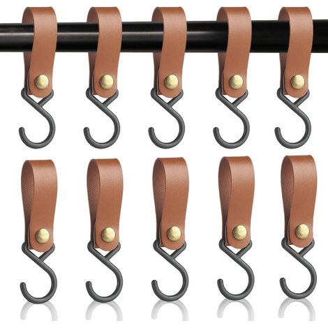 Lot de 10 crochets en S métal marron en cuir, pour casseroles, poêles, vêtements, chapeaux et serviettes (1/4)