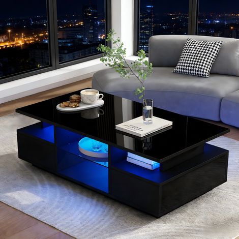 LED-Couchtisch mit 2 Schubladen und Glasablagen, 100 x 50 x 36 cm, Schwarz HAVRYA (1/5)
