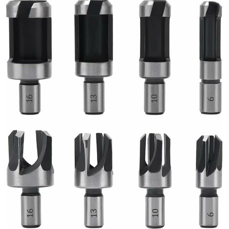 8 Pièces Fraise à Bouchonner Bois, Mèche à Bouchon Bois 6 mm/10 mm/13 mm/16 mm, Acier Carbone Bois Plug Perceuse pour le Travail du Bois, Forets à Bois à Griffe et Coniques