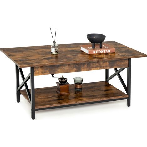 Mesa de centro de dos niveles 110 x 60 x 48 cm diseño industrial práctico y robusto en madera color café 200013745