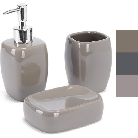 MSV Set di Accessori da Bagno in Ceramica 3 Pezzi Dispenser di Sapone, portasapone, Bicchiere - Tortora (1/4)