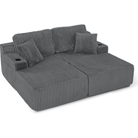 Canapé-lit relax 2 places, fauteuil lounge, tissu côtelé doux, avec poche latérale pour magazines, porte-gobelet et coussin, adapté au salon, à la salle de jeux, au bureau, à la chambre d'amis et à l' (1/5)