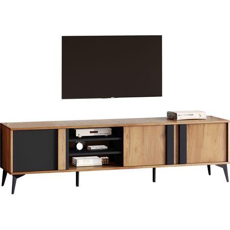 TV-Lowboard 180 cm mit 3 Türen und 4 offenen Fächern und Kabeldurchlass, Rustikaler Stil, Braun und Schwarz (1/5)
