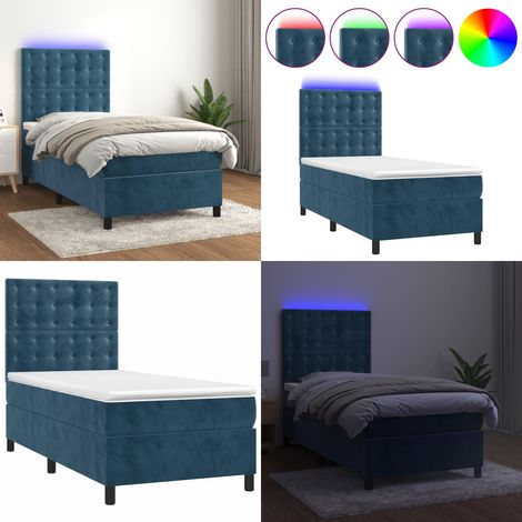 Cama box spring colchón y LED terciopelo azul oscuro 90x200 cm - Colchón con LED - Cama box spring