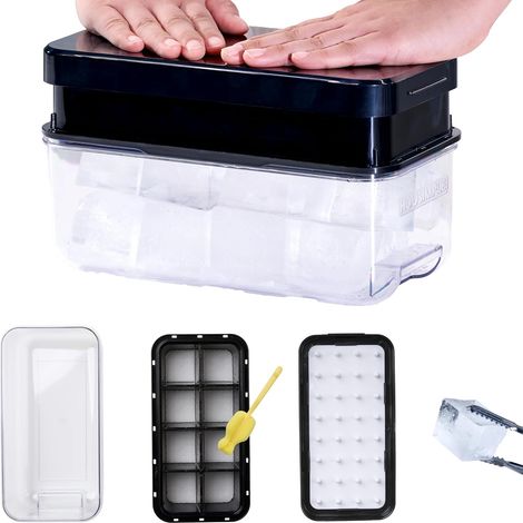 Bac à glaçons à presser pour congélateur, avec couvercle et bac de récupération, comprenant 8 grands moules à glaçons en silicone et des clips spéciaux, adapté au whisky, au bourbon et aux cocktails ( (1/5)