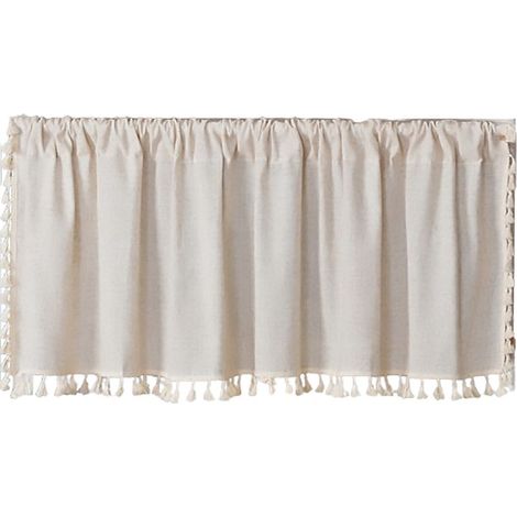 Rideau court en voile, rideau de style bistro, rideau bohème opaque, lin, coton, beige, uni, rideau court à pompons pour cuisine, salon, chambre, 1 pièce (1/5)