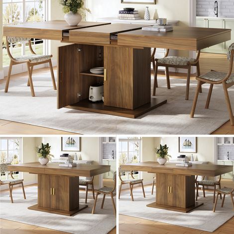 Table extensible avec rangement intégré 140–180 cm, portes cannelées verticales, étagères amovibles, 2 couleurs (chêne clair / noyer) (1/5)