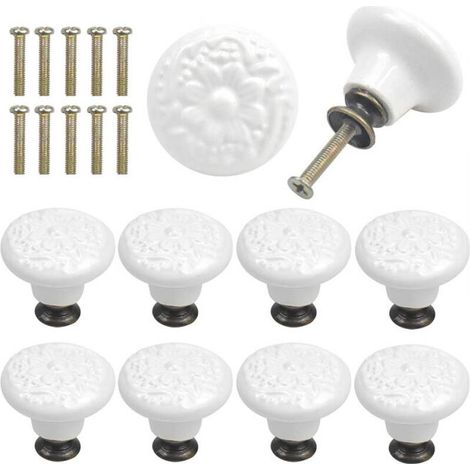 10 pezzi - Pomelli per cassetti in ceramica bianca, maniglie rotonde per ante di mobili, incisione vintage, con viti