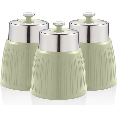 SWAN SWKA1024GN Set 3 Botes Cocina Almacenaje 1,2 L, Plástico y Acero Inox, Especias, Té ,Café, Retro, Vintage  Verde