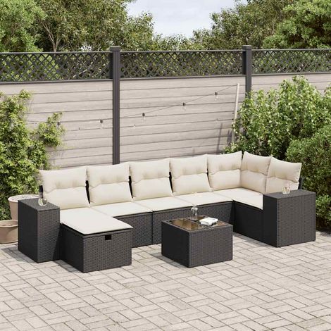 Ensemble Jardin 8 Places Résine Tressée Noir avec Coussins Crème - Salon Extérieur Modulaire avec Table et Rangement (1/5)