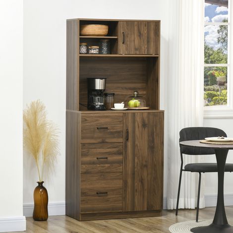Modernes Sideboard mit 3 Schubladen und Schränken, Küchen- und Wohnzimmerschrank aus Holz, 80 x 40 x 178 cm, Walnuss
