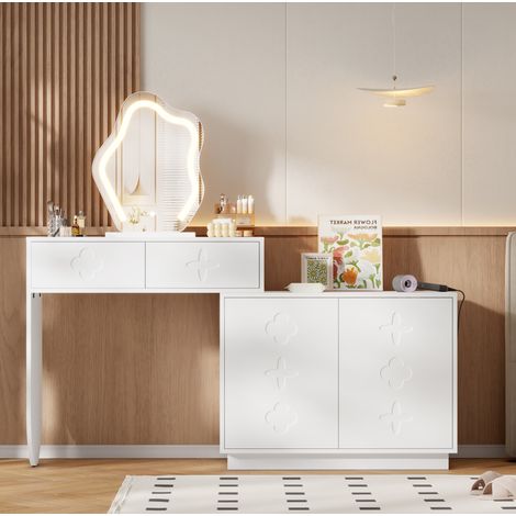 Coiffeuse en MDF et panneau de particules blanc avec miroir LED, 2 tiroirs et meuble latéral (1/5)