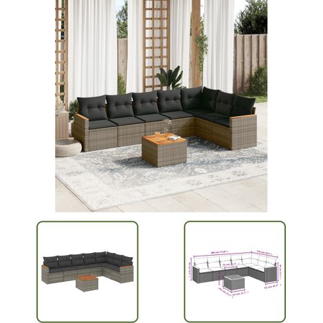The Living Store 8-tlg. Garten-Sofagarnitur mit Kissen Grau Poly Rattan - Gartenmöbel Set - Gartensorte - Lounge Möbel - Outdoor Sofa - Esstisch (1/3)