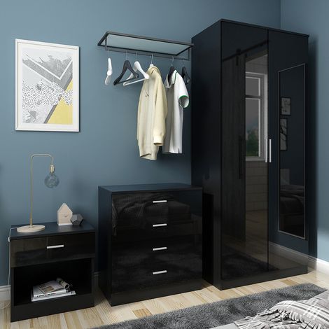 ELEGANT 3 Piece Bedroom Wardrobe Sets,2 Door Soft Hinge Wardrobe, 4 Drawer Chest of Drawers and Beside Cabinet, Black Bedroom Furniture Sets (1/5)