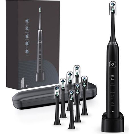 Brosse à dents électrique Sonic avec 8 têtes, 42 000 VPM et 5 modes, avec une charge rapide en 4 heures et une autonomie de 30 jours, pour adultes (Noir avec étui de voyage)