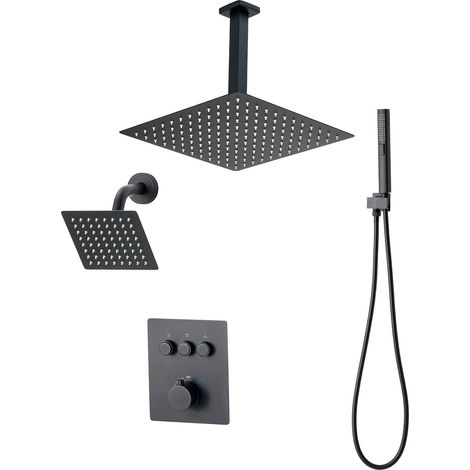 Mophorn Set doccia con sistema a pioggia da 304 mm, soffione a parete, doccetta, doppio soffione girevole, 3 modalità, kit valvola in ottone termostatica, finitura nero opaco