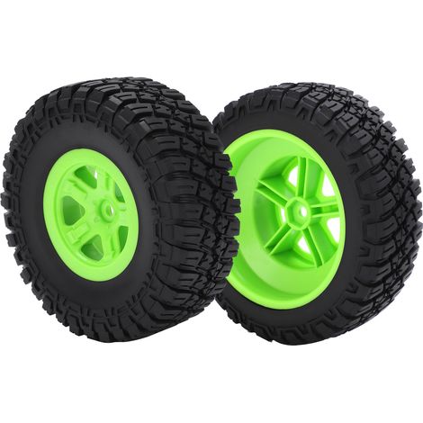 Lot de 2 pneus de voiture RC 1/10 anti-usure antidérapants type B pour véhicule tout-terrain avec jante fluorescente verte (1/5)