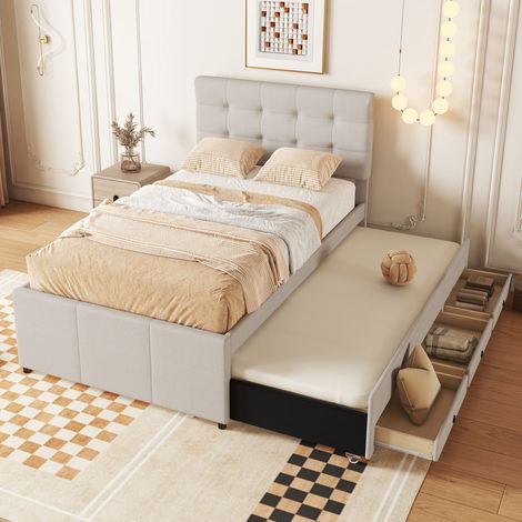 Bett minimalistisch 90x200 cm beige mit Ausziehbett 90x190, 3 Schubladen und verstellbarem Kopfteil (1/5)