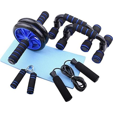 Rouleau Pour Abdominaux - Kit 5-en-1 avec Tapis Genoux, Barres Pour Pompiers, Poignées Antidérapantes, Corde à Sauter - Pour Entraînement Maison Bureau Gym - 1 Pièce (1/3)