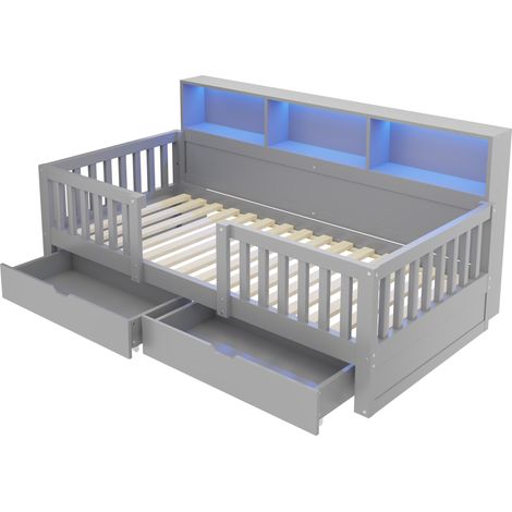 Cama infantil 90 x 200 cm con barrera de seguridad, 2 cajones, estantes y LED, gris HOMVRA (1/5)
