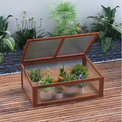 Mini serre de jardin 100x65x40 cm marron en bois avec panneaux en polycarbonate et couvercle relevable (1/5)