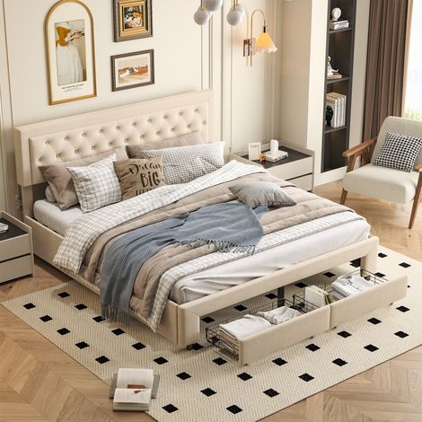 lit double 160x200 avec 2 tiroirs, Lit coffre, lit adulte avec rangement à vérin hydraulique, cadre de lit pour 2 personnes, lit rembourré, beige, velours, sommier Non (1/5)