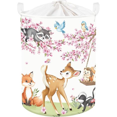 Panier Rangement Animaux Forêt Panier à Linge Branche Boite de Rangement Parent Organiser Jouet Vêtements, Cerf Cerise, 36x45 cm (1/5)