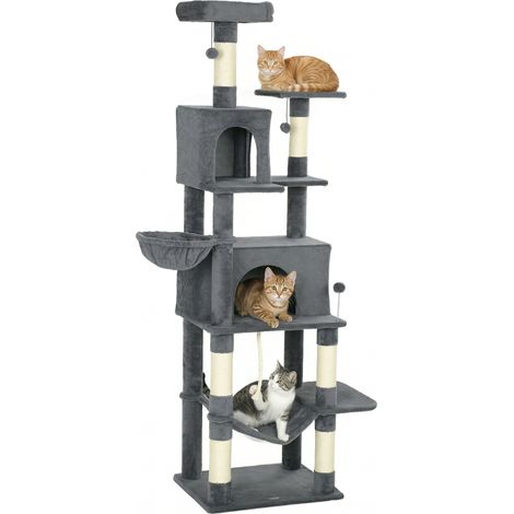Lit, avec sisal, gris, 60 x 48 x 202 cm, pour maison et usage quotidien, Arbre griffant pour chats avec rampe de tour plate-forme pour chats