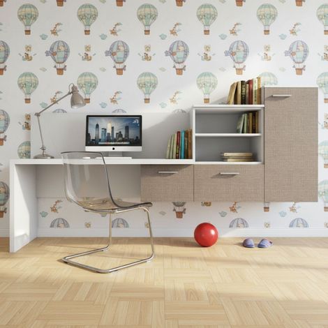 Angolo studio con scrivania parzialmente sospesa e libreria - Design moderno e personalizzabile - Bianco e Fumo