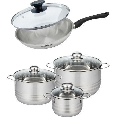 Set de 1 poêle 28 cm en inox et couvercle, 3 faitouts inox 16, 20 et 24 cm Fackelmann Geneva (1/5)