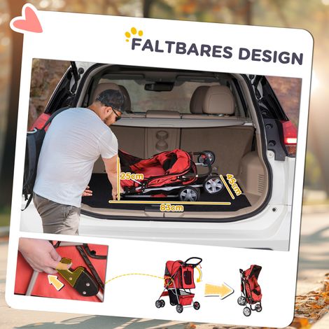 Chariot pour chien pliable avec porte-gobelet, toit pare-soleil rouge (1/4)
