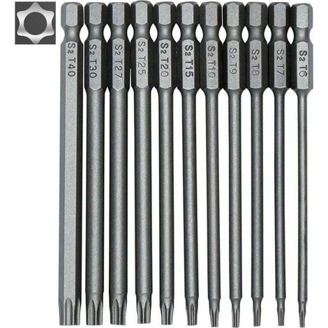YMYNY Jeu de 11 embouts longs Torx pour tournevis et visseuse électrique - Embouts magnétiques - Tige hexagonale de 1/4" - Tailles T6 à T40 - Longueur 100 mm (1/4)